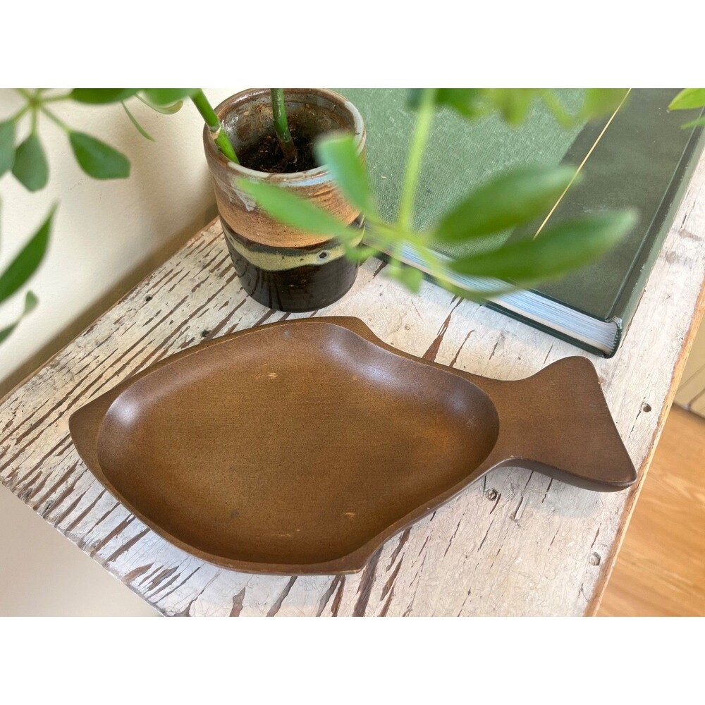 Vintage Hand Carved Wooden Fish Trinket Keys Jewelry Plate 9.5" x 5" Retro Boho